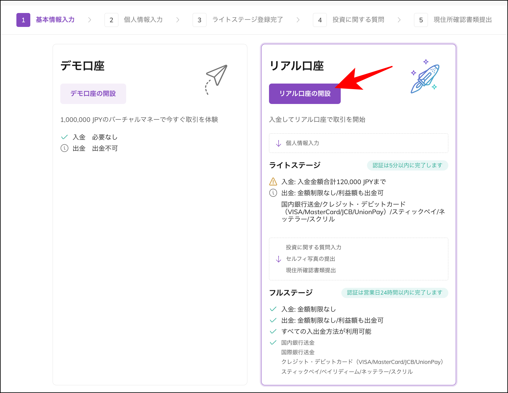 会員ページにログインしリアル口座開設を選択