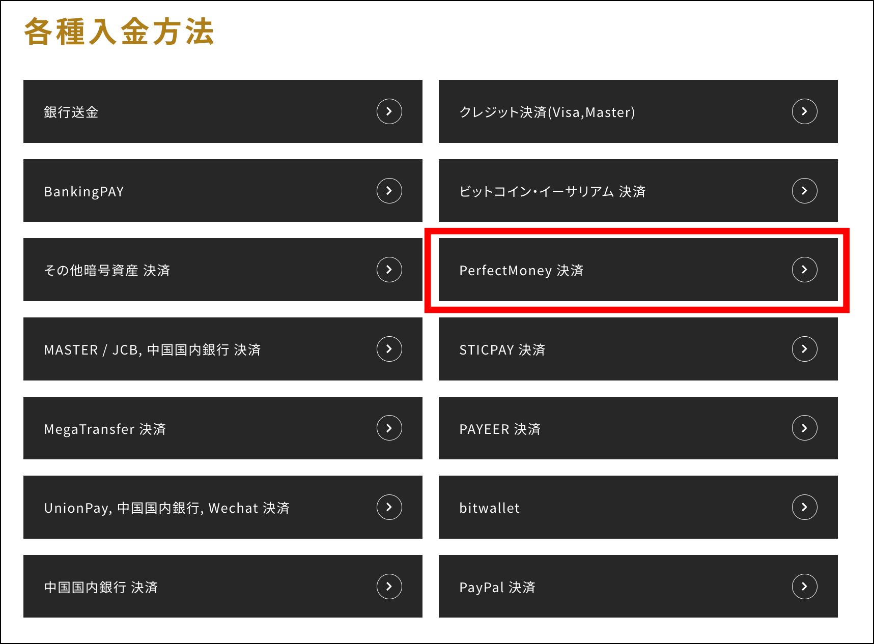 入金方法一覧で「PerfectMoney決済」を選択