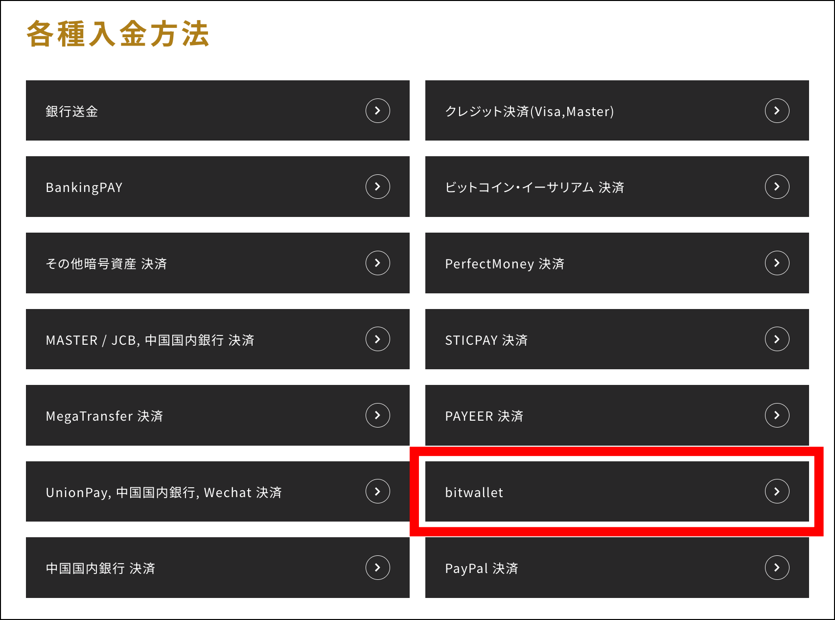 入金方法一覧で「bitwallet」を選択