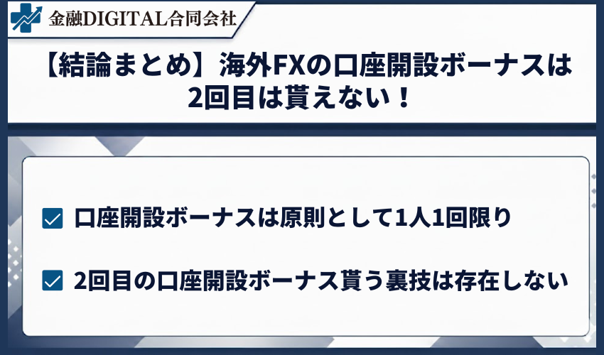 【結論まとめ】海外FXの口座開設ボーナスは2回目は貰えない!